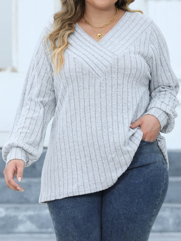 Woochic Haut grande taille col en V rayures manches lanternes gris XL